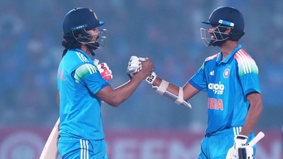 KL Rahul and Washington Sundar celebrate after winning the first ODI. (AP)