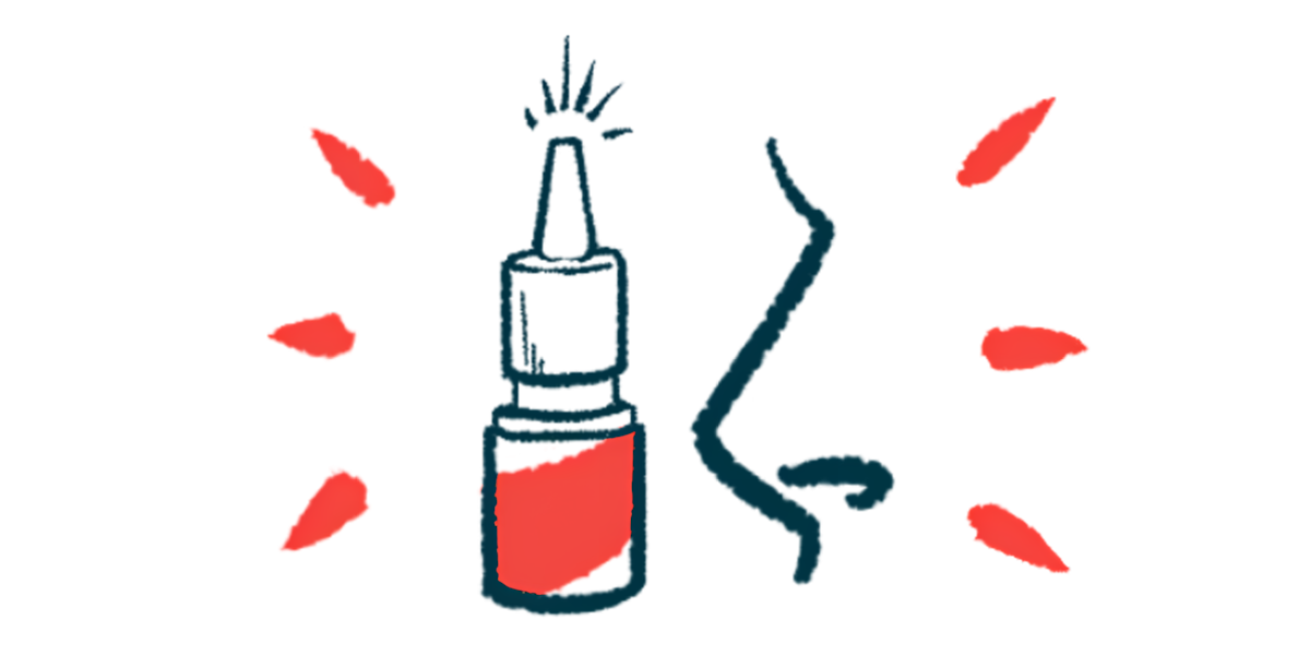 A bottle of intranasal spray is shown next to a close-up illustration of a person