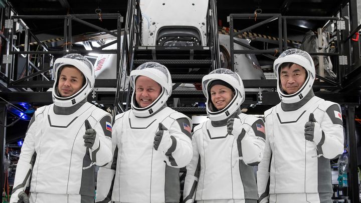 The crew of NASA&rsquo;s SpaceX Crew-11 mission pose for a photo during a training session for their upcoming trip to the International Space Station at SpaceX facilities in Florida. From left: Oleg Platonov, Mike Fincke, Zena Cardman, and Kimiya Yui. Credit: SpaceX