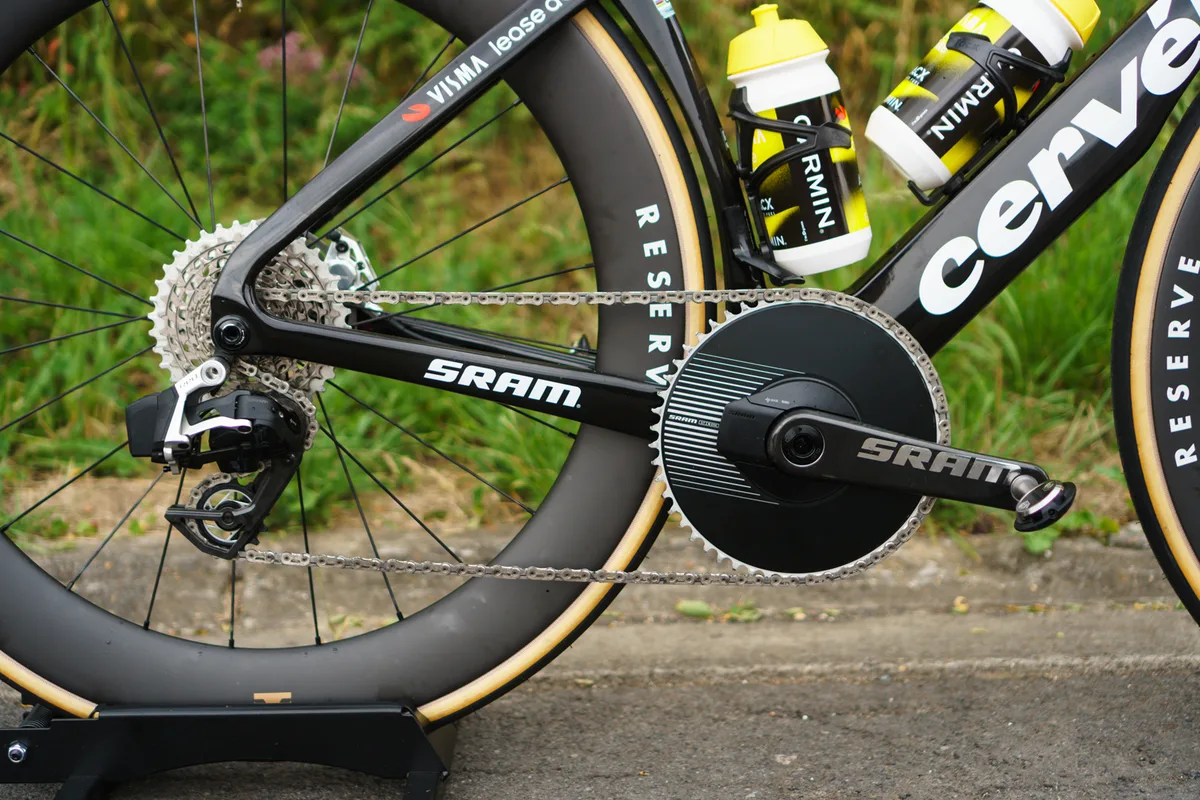 SRAM Red 1x drivetrain on Jonas Vingegaard's new Cervélo S5 at the 2025 Tour de France.