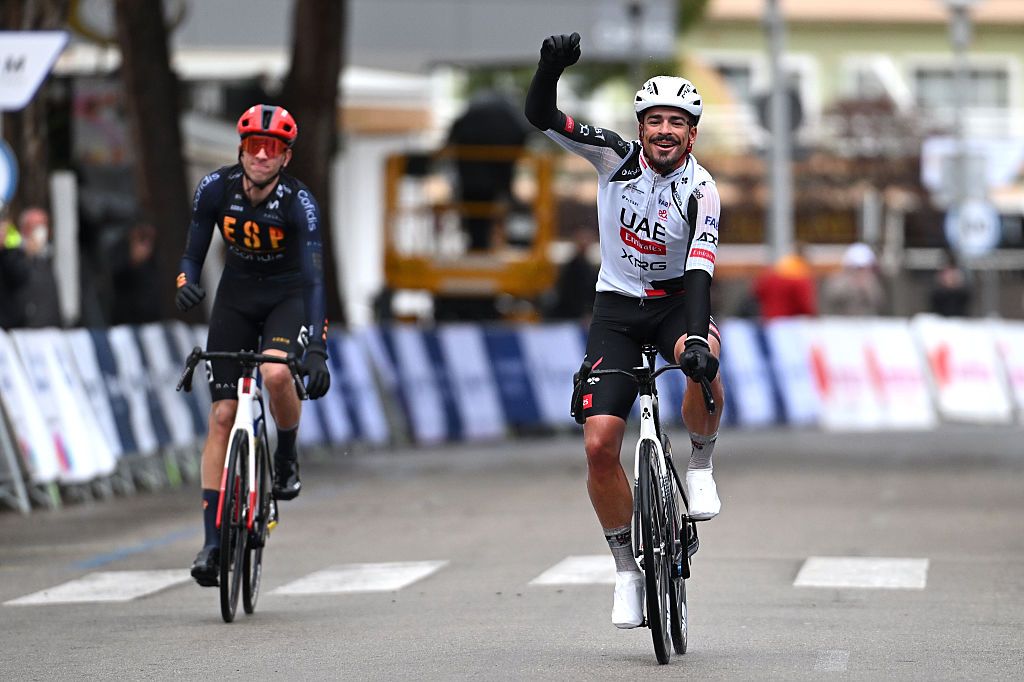 PALMANOVA, SPAIN - JANUARY 28: Antonio Morgado of Portugal and UAE Team Emirates (R) celebrates at finish line as race winner ahead of Hector Alvarez of Spain and Team Spain (L) during the 35th Challenge Ciclista Mallorca 2026 - Trofeo Calvia a 148.3km one day race from Palmanova to Palmanova on January 28, 2026 in Palmanova, Spain. (Photo by Tim de Waele/Getty Images)