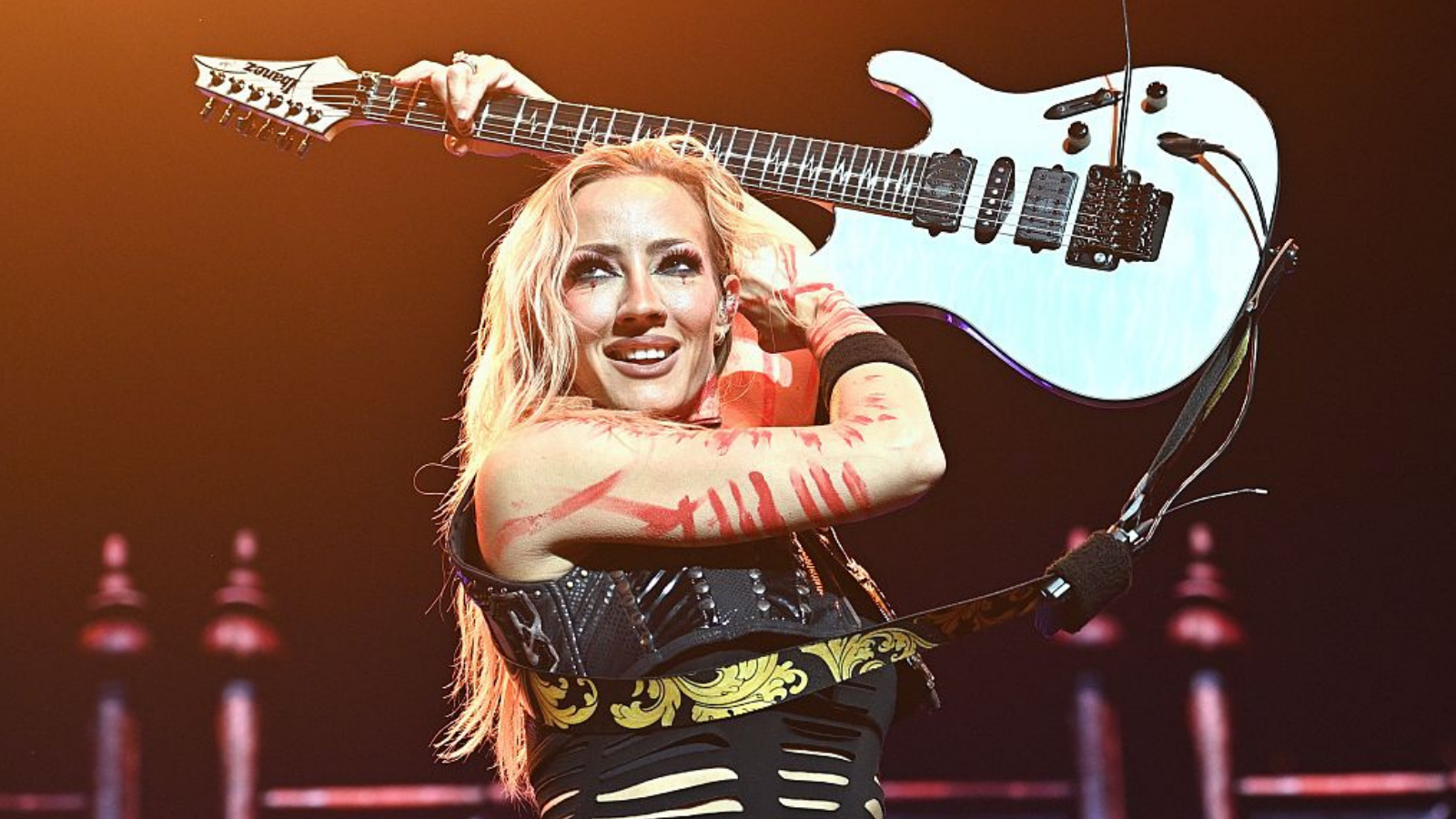 Nita Strauss of Alice Cooper's band performs onstage during a concert at The O2 Arena on July 25, 2025 in London, England.