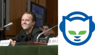 A photo of Lars smiling in the court session for the Napster lawsuit juxtaposed against the Napster logo