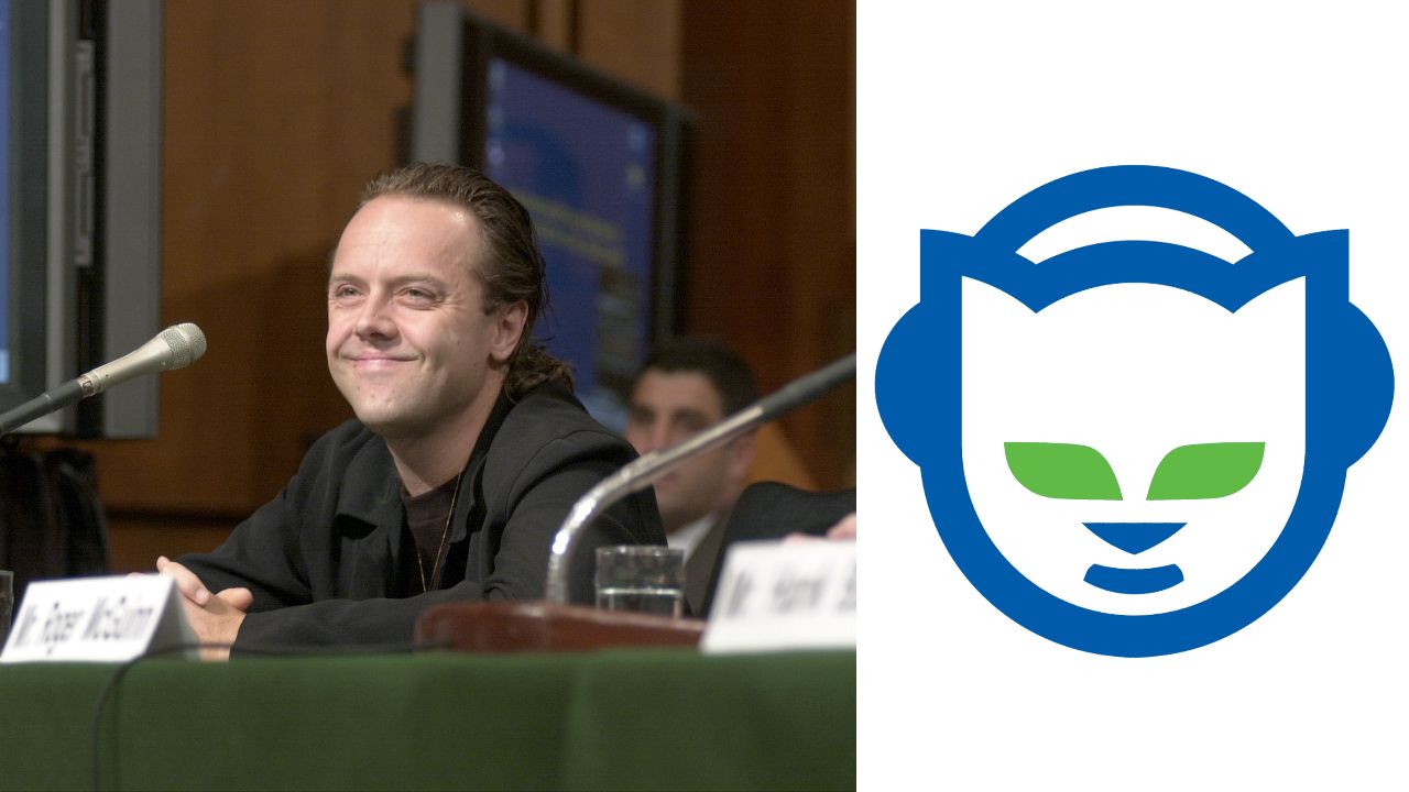 A photo of Lars smiling in the court session for the Napster lawsuit juxtaposed against the Napster logo