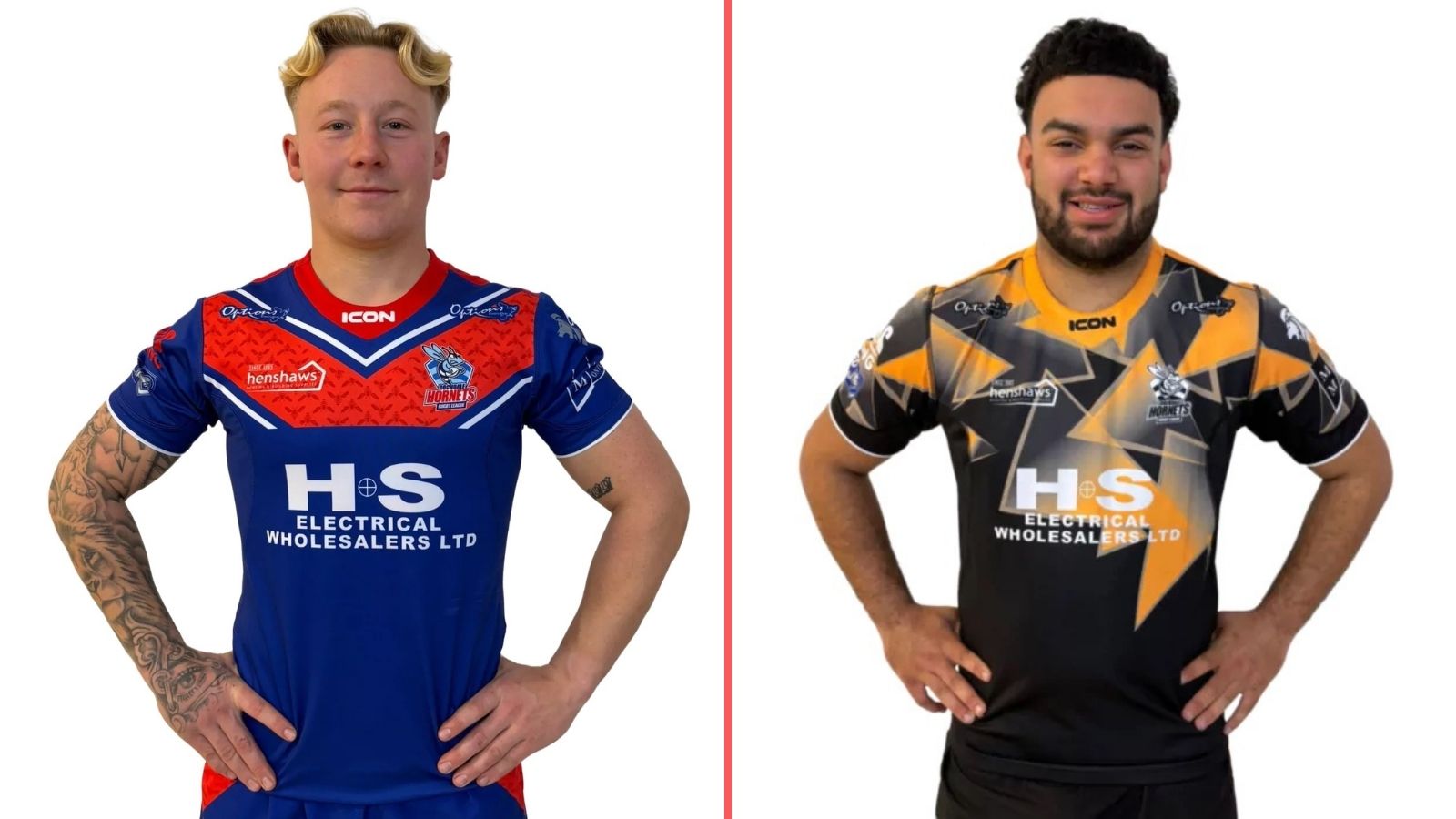 A split-screen showing Rochdale Hornets' home and away kits for 2026