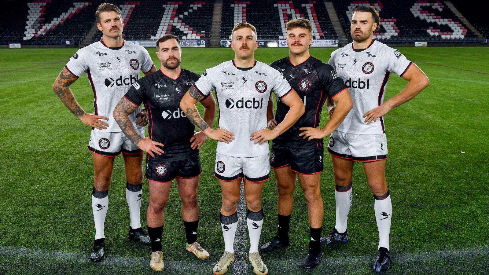 Widnes Vikings players model their home and away kits for 2026 at the DCBL Stadium