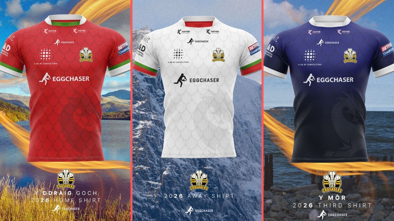 A three-way image showing North Wales Crusaders' home, away and third kits for 2026