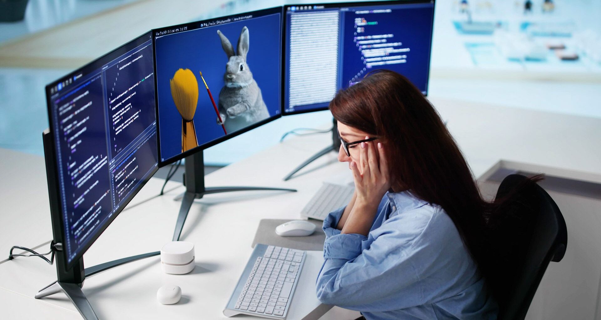 Getty office image with Adobe Firefly-generated AI painting bunny