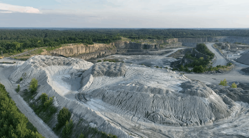 An overhead landscape shot of a volcanic quarry.