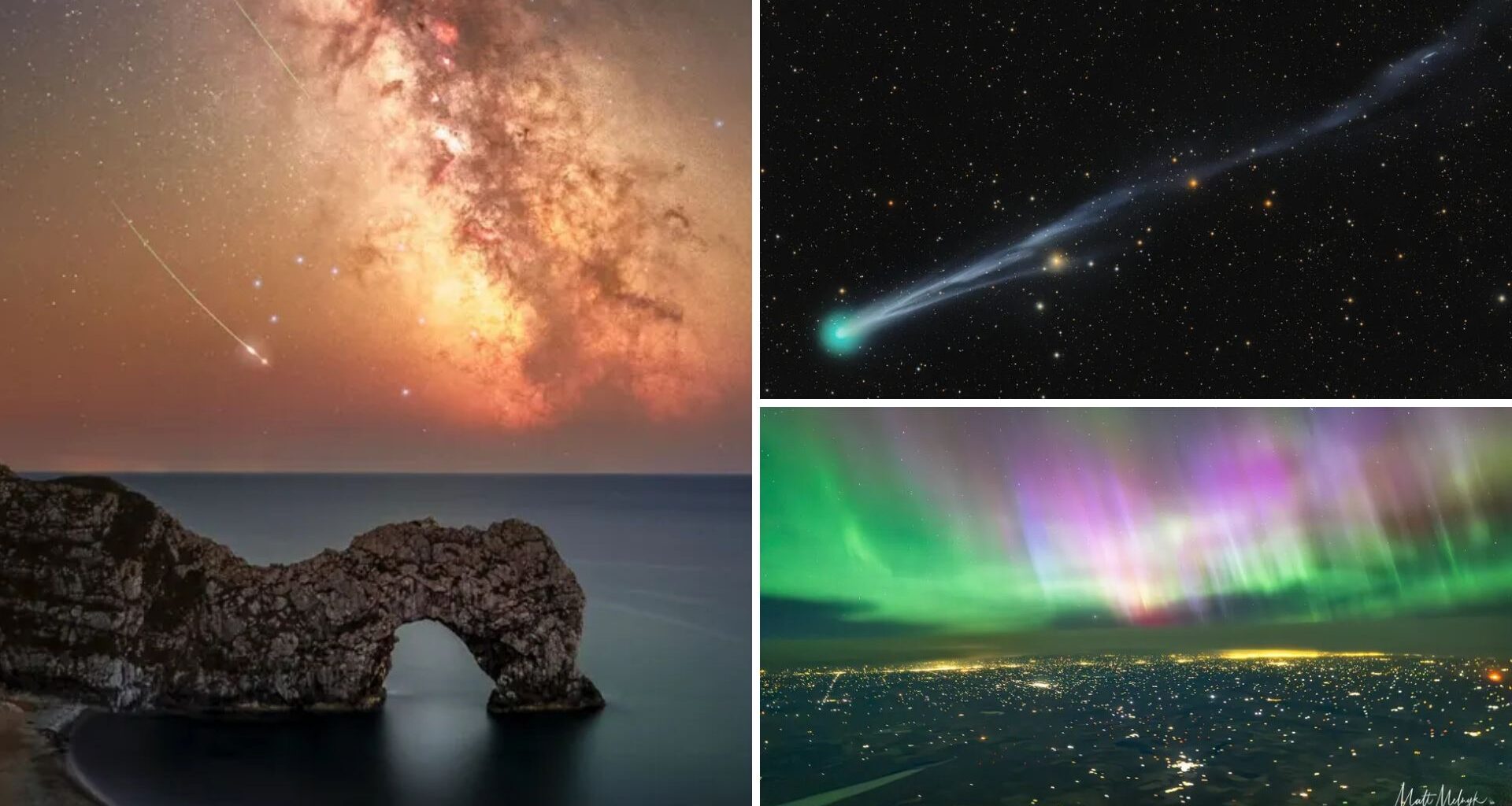 three panel image showing on the left meteors streaking through the sky above an arch rock formation , top right a blue green meteor with a long tail and bottom right northern lights captured from a plane, showing ribbons of purple and green lights above the city lights below.