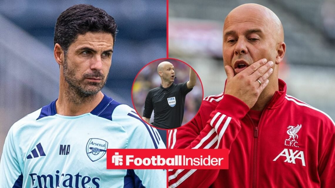 Mikel Arteta and Arne Slot side-by-side, Anthony Taylor in a circular inset