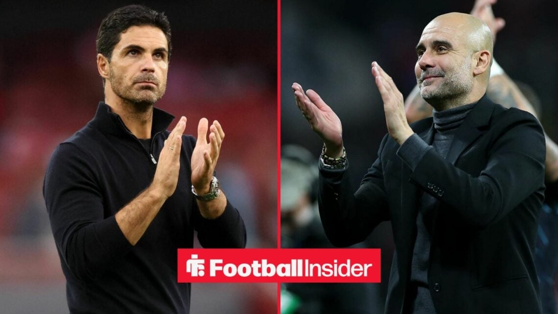 Mikel Arteta clapping his hands on the left for Arsenal with Pep Guardiola clapping his hands on the right for Man City