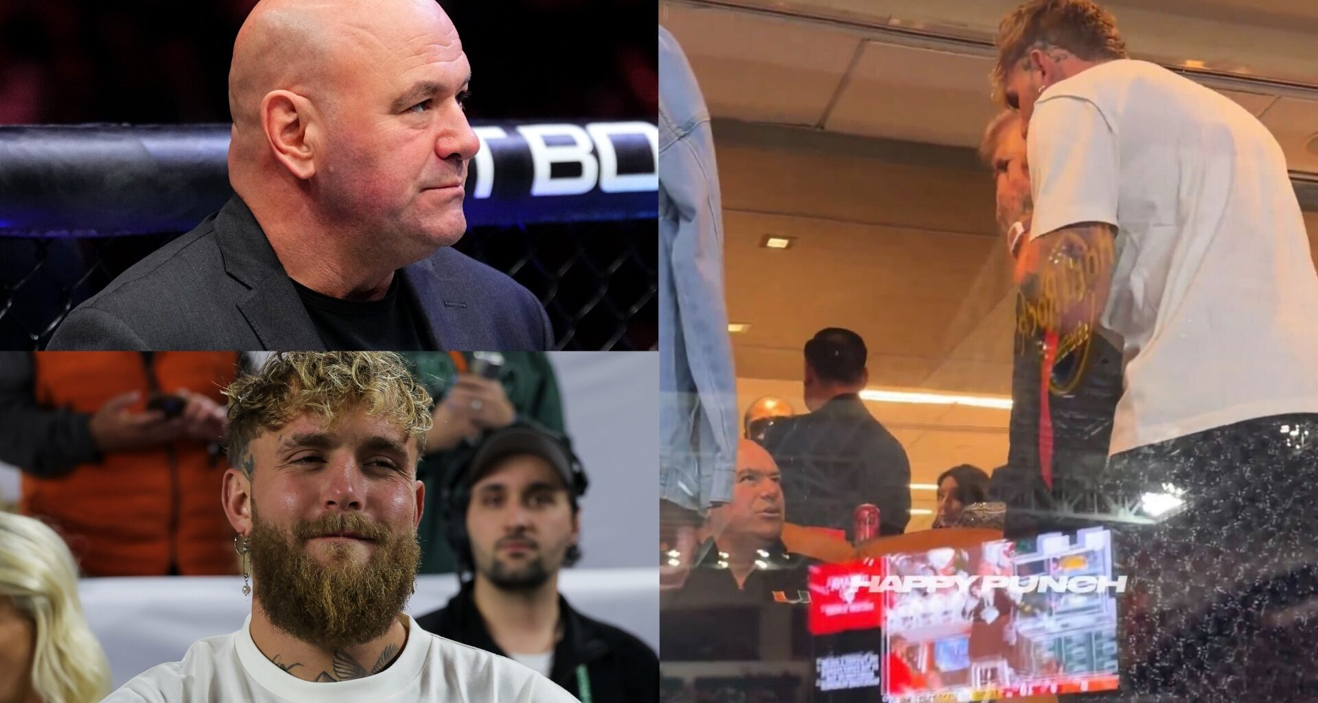 Dana White in the UFC Octagon, Jake Paul at a football game