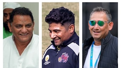 Mohammad Azharuddin (left) has requested Ajit Agarkar (right) to give 'another chance' to Sarfaraz Khan (middle) (ANI/PTI/PTI)