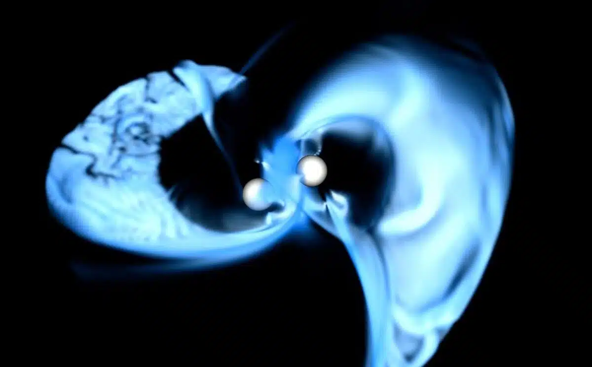 Nasa Simulation Of Two Neutron Stars Nearing Collision Amid Magnetic Turbulence.