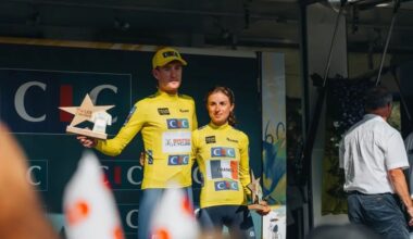 Joe Blackmore and Marion Bunel on the podium of the Tour de l'Avenir