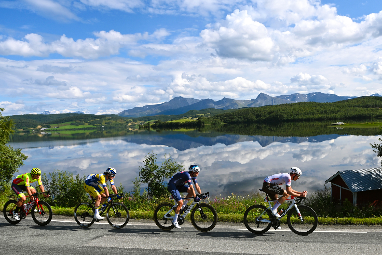 KILPISJARVI, FINLAND - AUGUST 06: (L-R) Ceriel Desal of Belgium and Team Bingoal WB, Cedric Beullens of Belgium and Team Sport Vlaanderen - Baloise, Jimmy Janssens of Belgium and Team Alpecin-Fenix & Oliver Naesen of Belgium and AG2R Citröen Team in the Breakaway during the 8th Arctic Race Of Norway 2021, Stage 2 a 178km stage from Nordkjosbotn to Storfjord – Kilpisjärvi (Finland) / #ArcticRace / on August 06, 2021 in Kilpisjarvi, Finland. (Photo by Stuart Franklin/Getty Images)