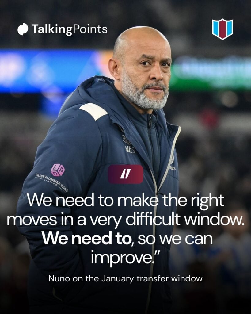 Nuno Espirito Santo manages West Ham United during the Premier League match between West Ham United and Brighton and Hove Albion at the London Stadium in Stratford, United Kingdom, on December 30, 2025.