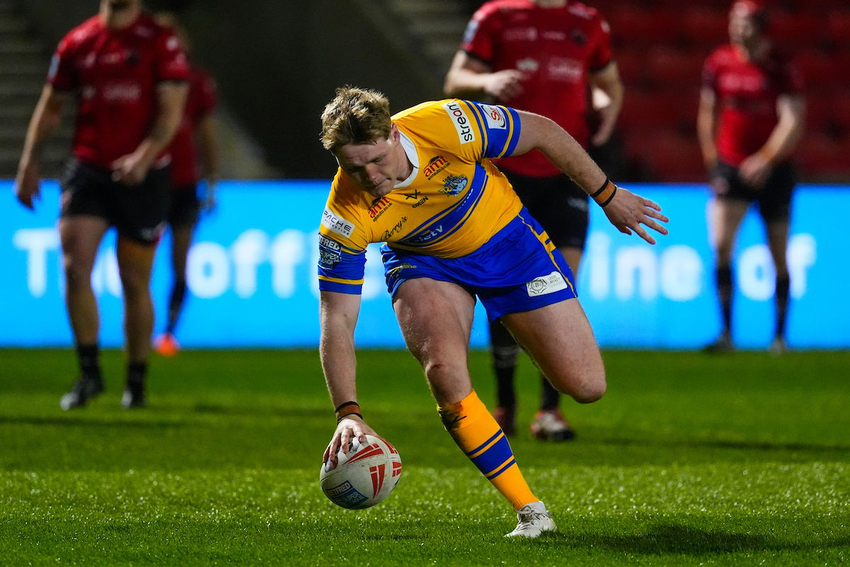 y League - Betfred Super League Round 7 - Salford Red Devils v Leeds Rhinos - Salford Community Stadium, Eccles, England - James McDonnell of Leeds scoring a try