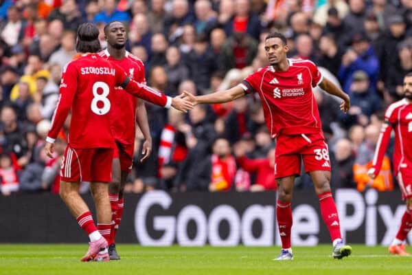 LIVERPOOL, ENGLAND - Saturday, September 20, 2025: Liverpool's Ryan Gravenberch celebrates after scoring the first goal with teammate Dominik Szoboszlai (L) during the FA Premier League match between Liverpool FC and Everton FC at Anfield. The 247th Merseyside Derby. (Photo by David Rawcliffe/Propaganda)
