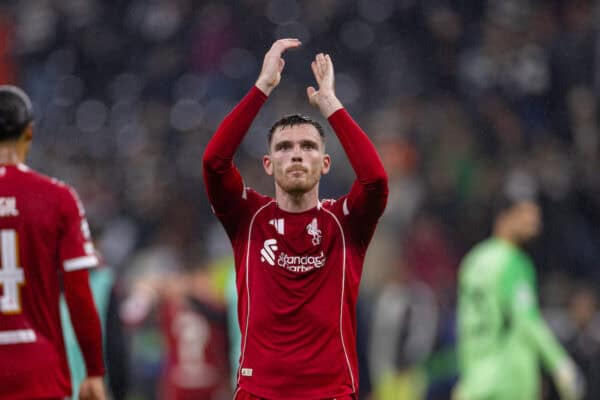 FRANKFURT, GERMANY - Wednesday, October 22, 2025: Liverpool's Andy Robertson applauds the supporters after the UEFA Champions League match between Eintracht Frankfurt and Liverpool FC at the Waldstadion. (Photo by David Rawcliffe/Propaganda)
