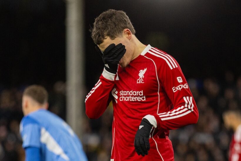LONDON, ENGLAND - Sunday, January 4, 2026: Liverpool's Florian Wirtz reacts to his attempt on goal flagged offside which was later ruled as a goal by a VAR check during the FA Premier League match between Fulham FC and Liverpool FC at Craven Cottage. (Photo by David Rawcliffe/Propaganda)