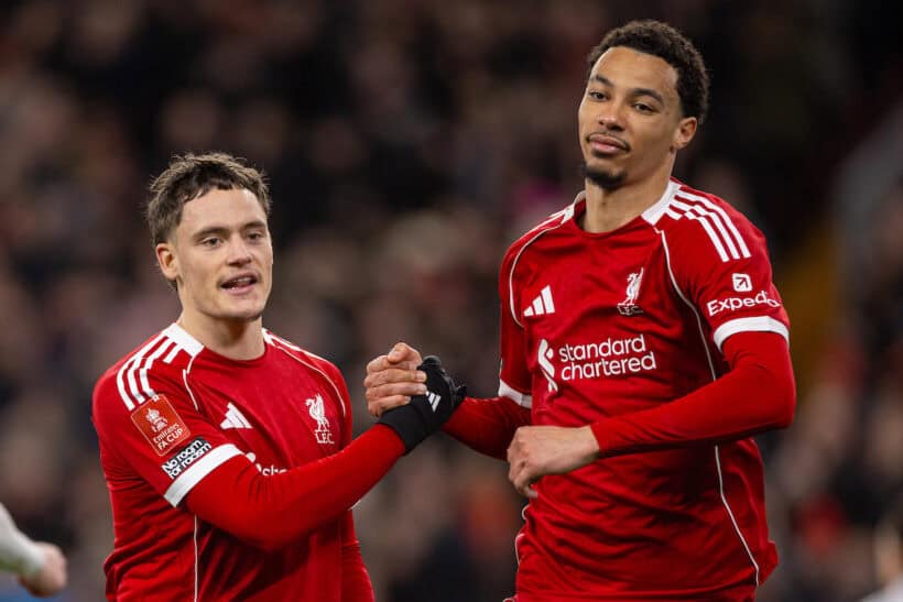 LIVERPOOL, ENGLAND - Monday, January 12, 2026: Liverpool's (L-R) Florian Wirtz celebrates with team-mate Hugo Ekitike, who gave the assist, after scoring his side's third goal during the FA Cup 3rd Round match between Liverpool FC and Barnsley FC at Anfield. (Photo by David Rawcliffe/Propaganda)