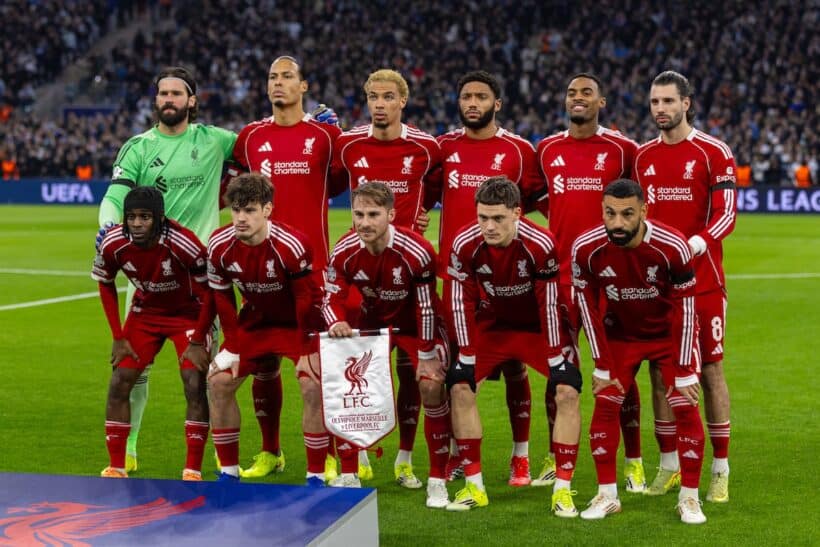 MARSEILLE, FRANCE - Wednesday, January 21, 2026: Liverpool's players line-up for a team group photograph before the UEFA Champions League match between Olympique de Marseille and Liverpool FC at the Stade Vélodrome. Back row (L-R) goalkeeper Alisson Becker, captain Virgil van Dijk, Hugo Ekitike, Joe Gomez, Ryan Gravenberch, Dominik Szoboszlai. Front row (L-R) Jeremie Frimpong, Milos Kerkez, Alexis Mac Allister, Florian Wirtz, Mohamed Salah(Photo by David Rawcliffe/Propaganda)