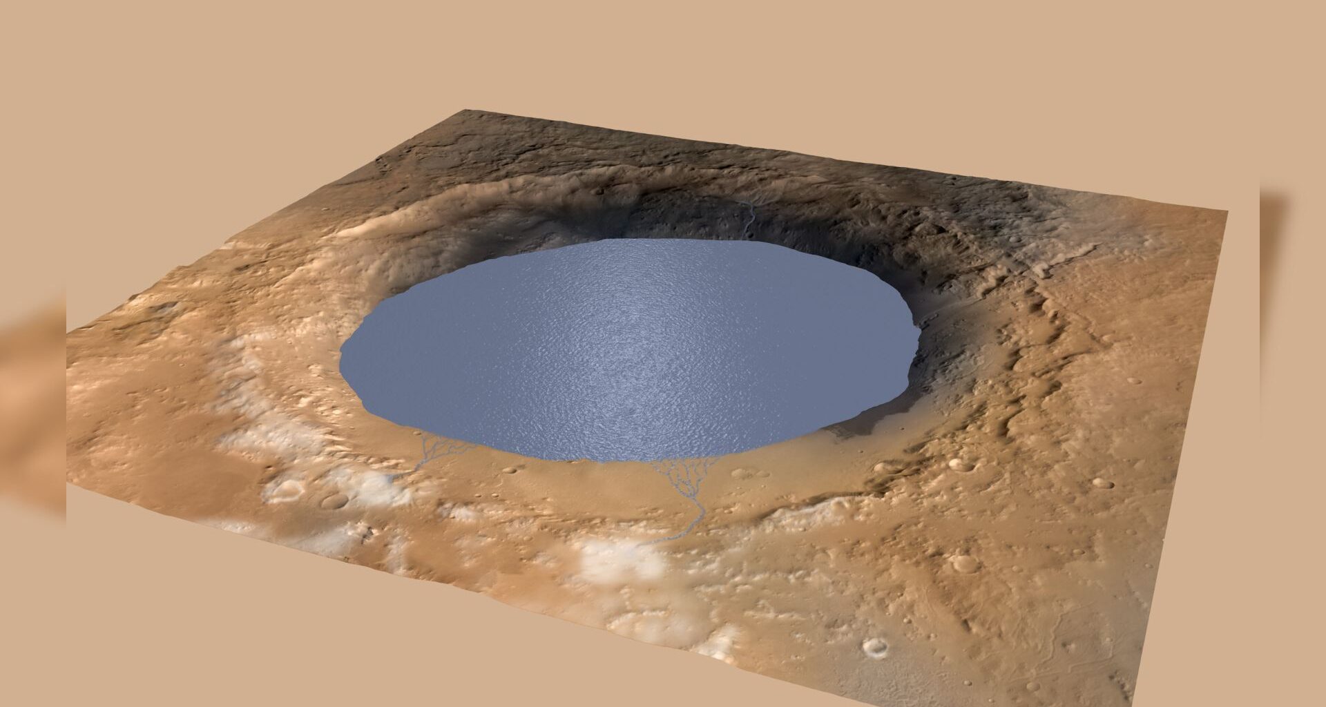 A computer modeled image of a red crater filled with blue-gray water.