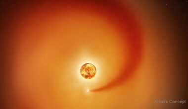 This artist&rsquo;s concept shows the red supergiant star Betelgeuse and an orbiting companion star. The companion, which is orbiting clockwise from this point of view, generates a dense wake of gas that expands outward.