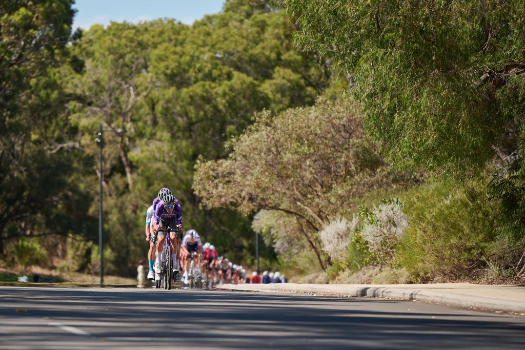 PERTH, AUSTRALIA - JANUARY 12: The peloton in action during the Men's Elite Road Race as part of the 2025 Road Nats on January 12, 2025 in Perth, Australia. (Photo by Stefan Gosatti/Getty Images)