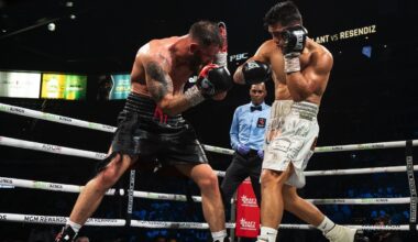 Jose Armando Resendiz blocks a punch from Caleb Plant during their super middleweight bout on May 31, 2025, at the Michelob Ultra Arena in Las Vegas, Nevada.