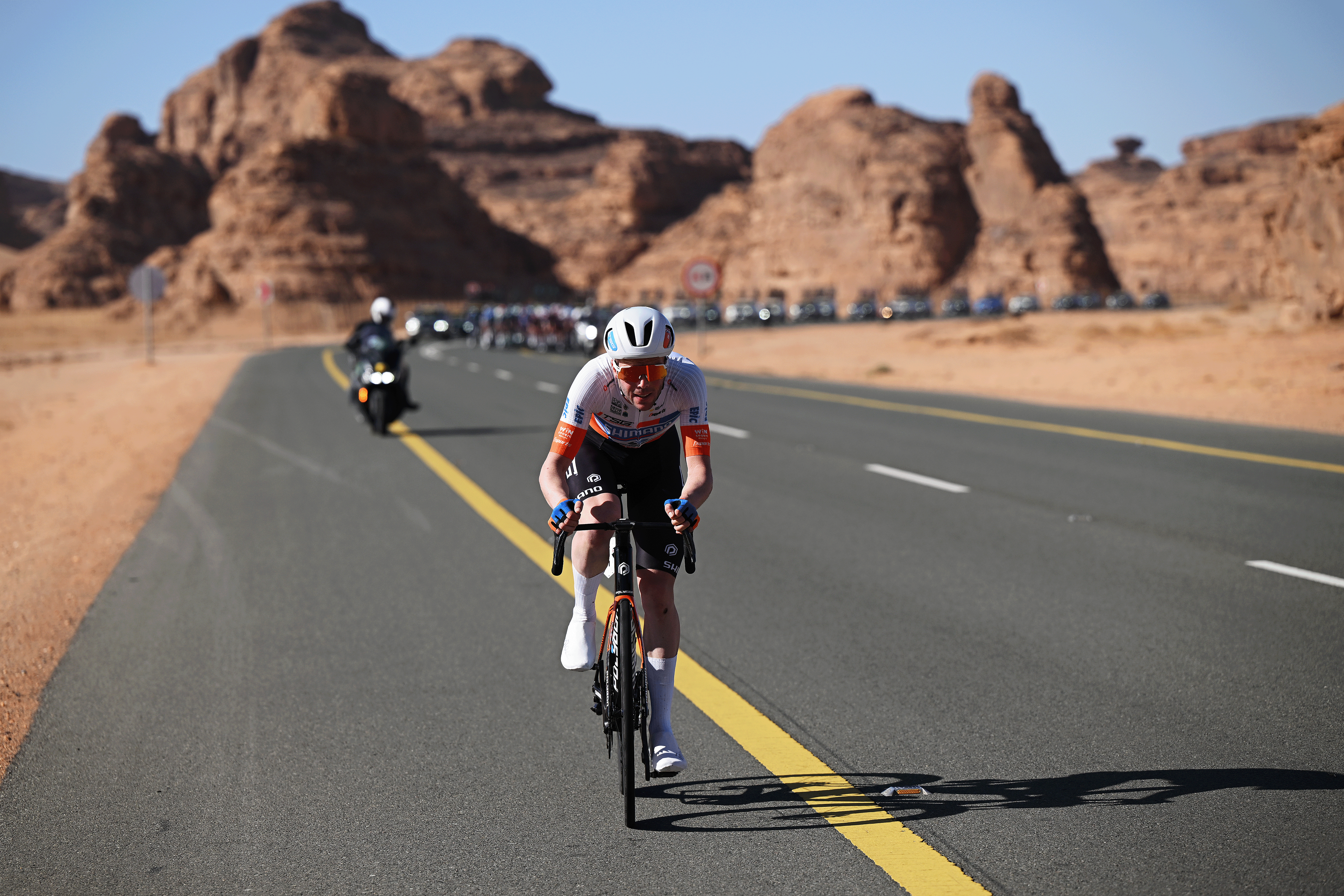 HEGRA, SAUDI ARABIA - JANUARY 30: Zeb Kyffin of Great Britain and Terengganu Cycling Team competes in the breakaway during the 6th AlUla Tour 2026, Stage 4 a 173,4 km stage from Winter Park - Alula to Hegra - Shalal Sijyat Rocks 785m on January 30, 2026 in Hegra, Saudi Arabia. (Photo by Dario Belingheri/Getty Images)