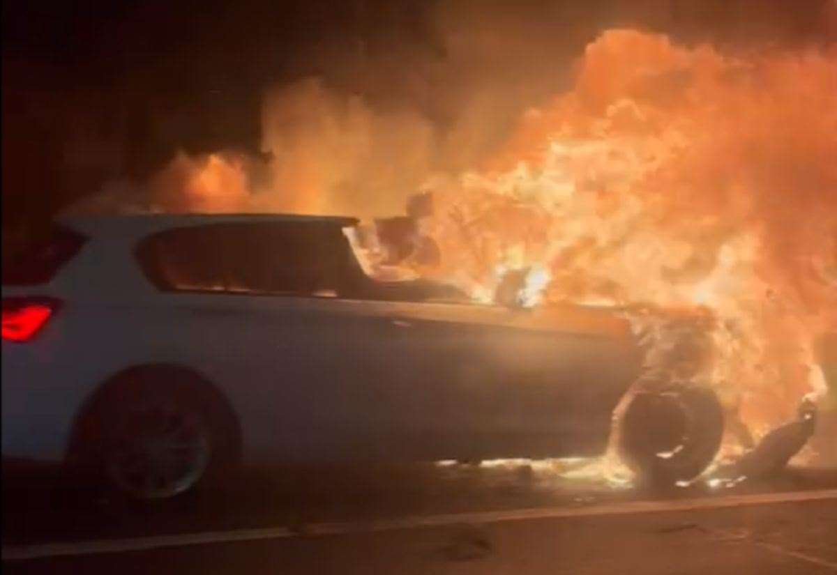Traffic held on M2 after BMW bursts into flames near Medway services