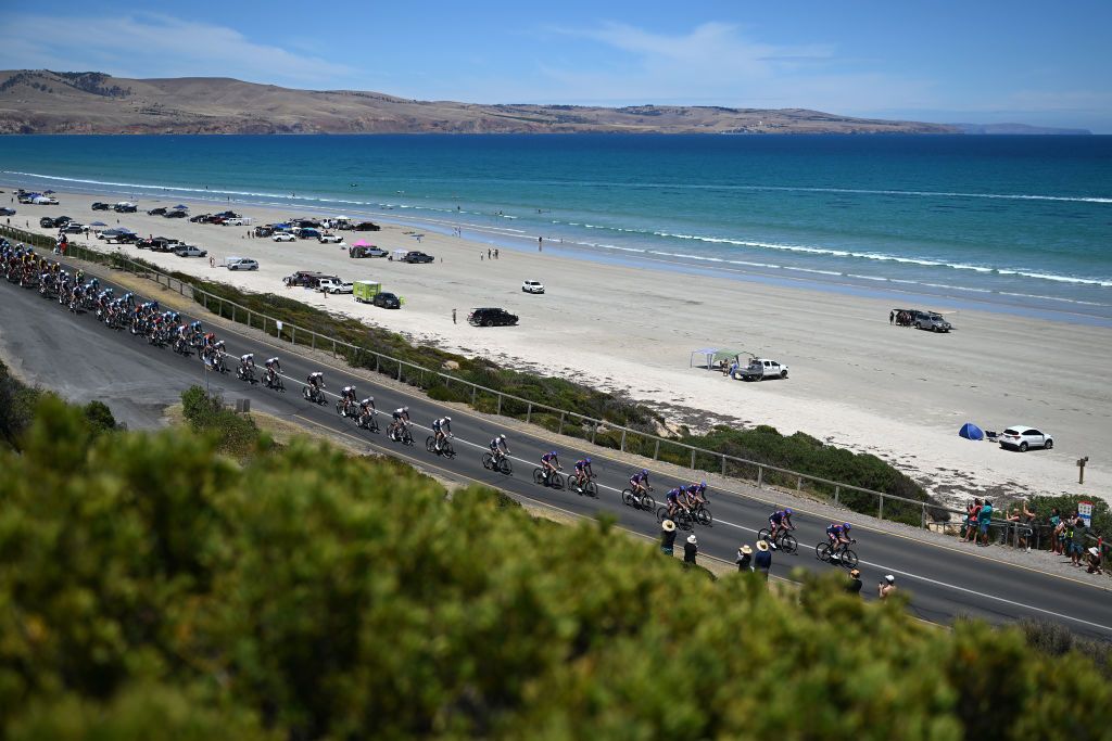 WILLUNGA HILL, AUSTRALIA - JANUARY 25: A general view of the peloton passing through Aldinga Beach landscape during the 25th Santos Tour Down Under 2025, Stage 5 a 145.7km stage from McLaren Vale to Willunga Hill 371m / #UCIWT / on January 25, 2025 in Willunga Hill, Australia. (Photo by Dario Belingheri/Getty Images)