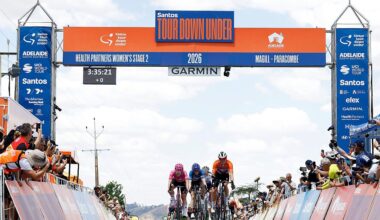 PARACOMBE, AUSTRALIA - JANUARY 18: A general view of Ally Wollaston of New Zealand and Team FDJ United - SUEZ - Orange Santos Leader&amp;apos;s Jersey celebrates at finish line as stage winner ahead of Noemi Ruegg of Switzerland and Team EF Education-Oatly, Josie Nelson of Great Britain and Team Picnic PostNL - Blue Sprint Jersey winner and Paula Blasi of Spain and UAE Team ADQ during the 10th Santos Women&amp;apos;s Tour Down Under 2026, Stage 2 a 130.7km stage from Magill to Paracombe 410m / #UCIWWT / on January 18, 2026 in Paracombe, Australia. (Photo by Con Chronis/Getty Images)