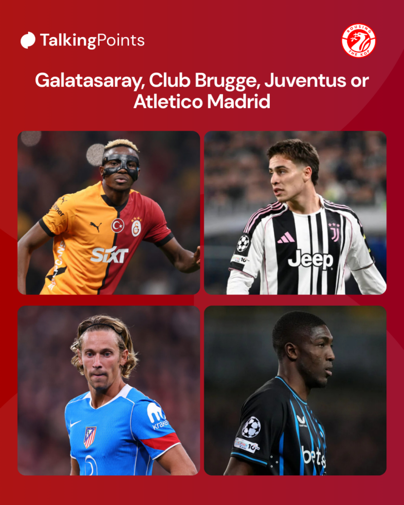 
Victor Osimhen in action during Galatasaray's Turkish Super Lig match against Bodrum (Credit: Getty Images/Ahmad Mora). Joel Ordonez pictured during Club Brugge's UEFA Champions League match against Arsenal (Credit: Getty Images/Alex Bierens de Haan - UEFA). Marcos Llorente pictured during Atletico Madrid's UEFA Champions League match against Liverpool at Anfield (Credit:Getty Images/Robbie Jay Barratt - AMA). Kenan Yildiz pictured during Juventus' UEFA Champions League match against Sporting at the Allianz Stadium (Credit: Getty Images/Stefano Guidi).