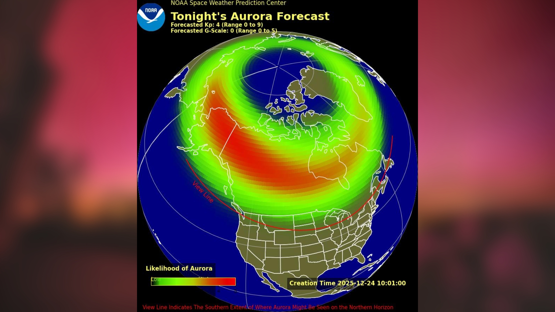 map of the U.S. showing the states that lie above the possible aurora view line for tonight.