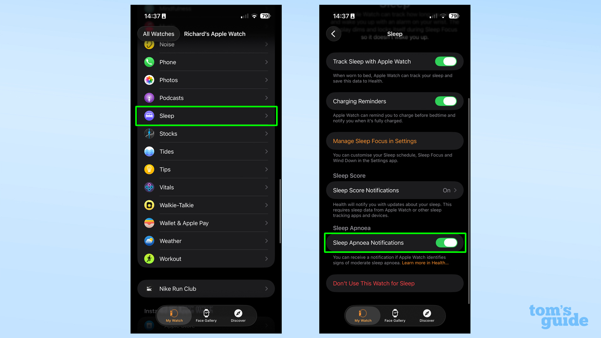 Apple Watch settings turn on sleep apnea detection