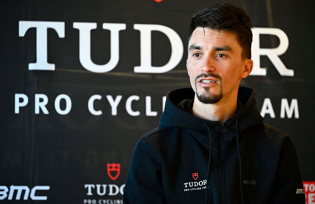 Tudor Pro Cycling Team's French cyclist Julian Alaphilippe gives a press conference during the presentation of the team in Moraira, near Alicante, on January 7, 2026. (Photo by Jose Jordan / AFP)