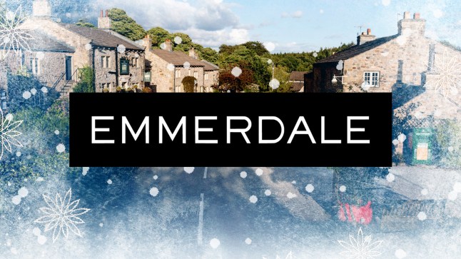 The Emmerdale logo with a snowy background.