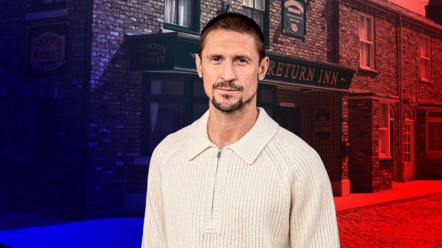 Coronation Street's Carl in front of the Rovers with blue and red lights in the background