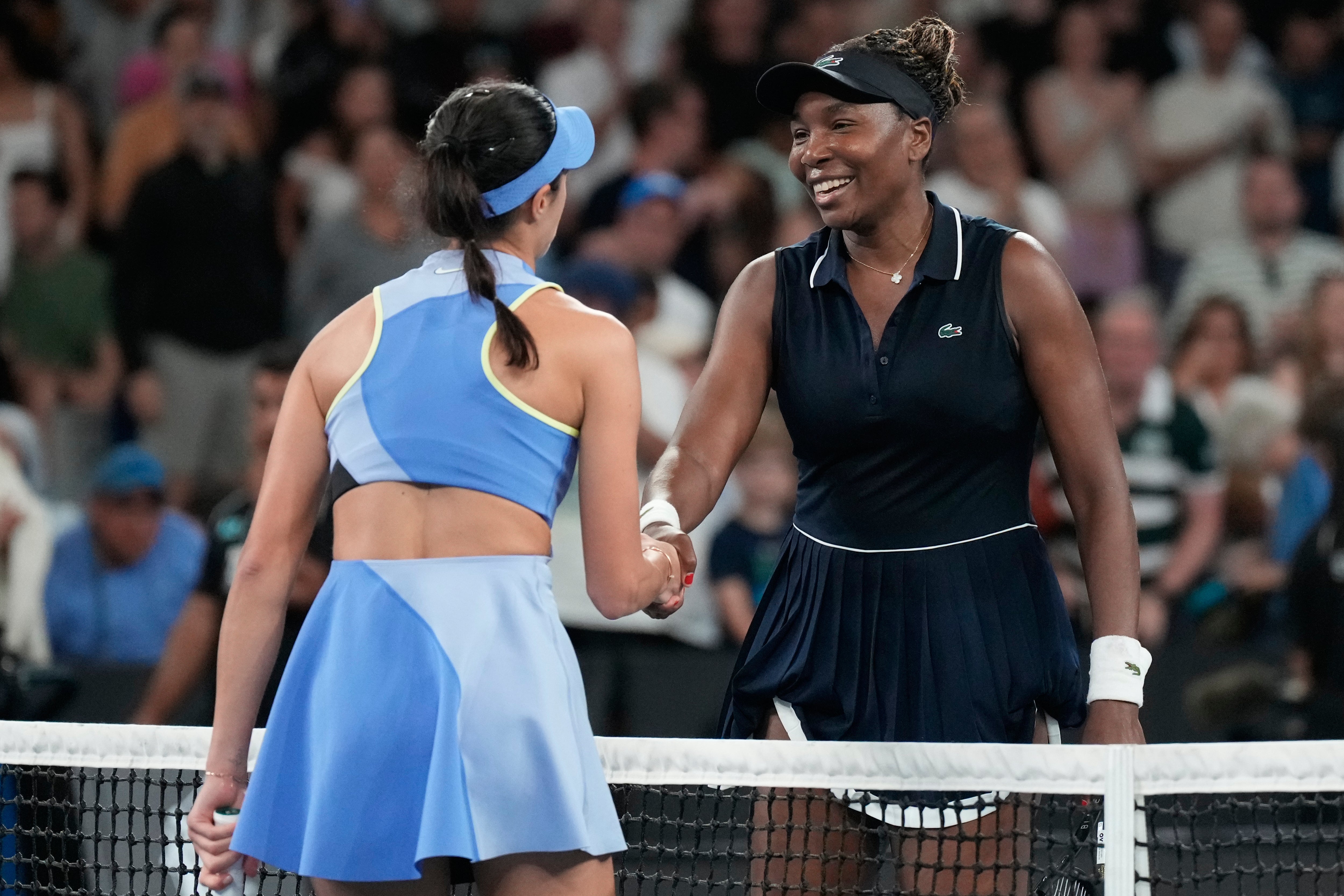 Olga Danilovic is congratulated by Venus Williams