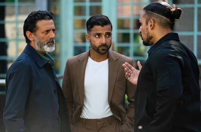 Nish, Vinny and Ravi in the Square in EastEnders