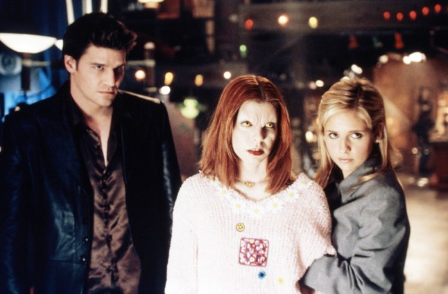 Mandatory credit: TM & ? 20th Century Fox. No Merchandising. Editorial Use Only. No Book or TV usage without prior permission from Shutterstock Editorial Mandatory Credit: Photo by 20thCentFox/Everett/REX/Shutterstock (14500011a) BUFFY THE VAMPIRE SLAYER, from left: David Boreanaz, Alyson Hannigan, Sarah Michelle Gellar in 'Doppelgangland', (Season 3, episode 316, aired February 23, 1999), 1997-2003. ph: Richard Cartwright / TM and Copyright ?20th Century Fox Film Corp. All rights reserved / courtesy Everett Collection Buffy the Vampire Slayer - 23 Feb 1999