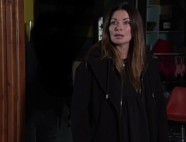Carla Connor looking worried in Underworld in Coronation Street.