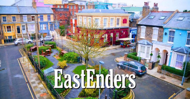 The EastEnders logo over a view of Albert Square.