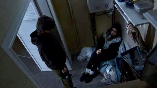 Becky stands over bound Carla in Coronation Street