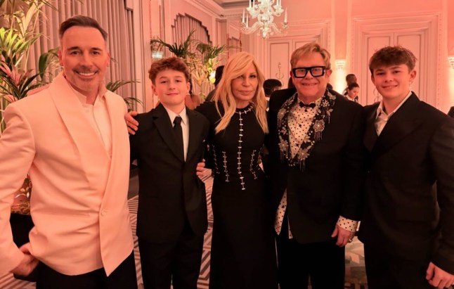 Elton John and David furnish ( plus Boys )with Donatella Versace davidfurnish Ringing in the New Year Donatella style Thank you @donatella_versace for the spectacular dinner at @claridgeshotel . We love you ?? La Famiglia Forever! All the F-J?s want to wish everyone a very happy, healthy and prosperous New Year! @eltonjohn @edward_enninful