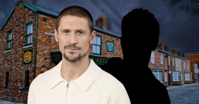 Carl Webster in front of a silhouette of a man and the Rovers Return pub, under a stormy sky, in Coronation Street.